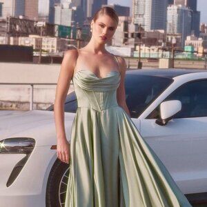 NEW FORMAL A-LINE SOFT SATIN DRESS W/ SPAGHETTI STRAPS & LACE UP BACK CD 7481